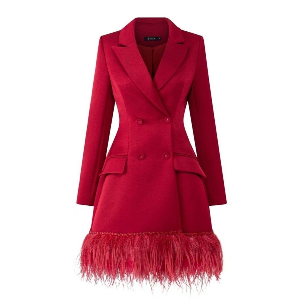 NWT 21SIX Red Rosa Taffeta Feather Blazer Dress Size XL